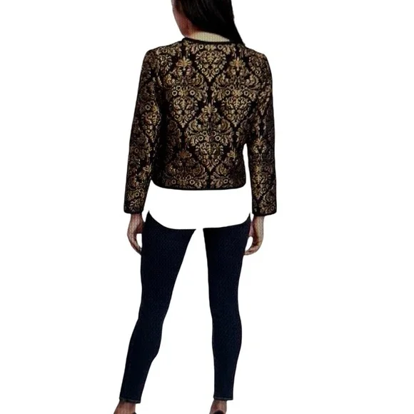 OLD NAVY Black Gold Brocade Jacquard Collarless Jacket Blazer‎ Women Size M - Picture 15 of 15